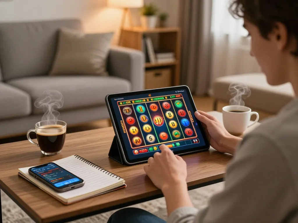 Engaging with toto slot gacor on a tablet in a cozy home setup with gambling strategy notes.