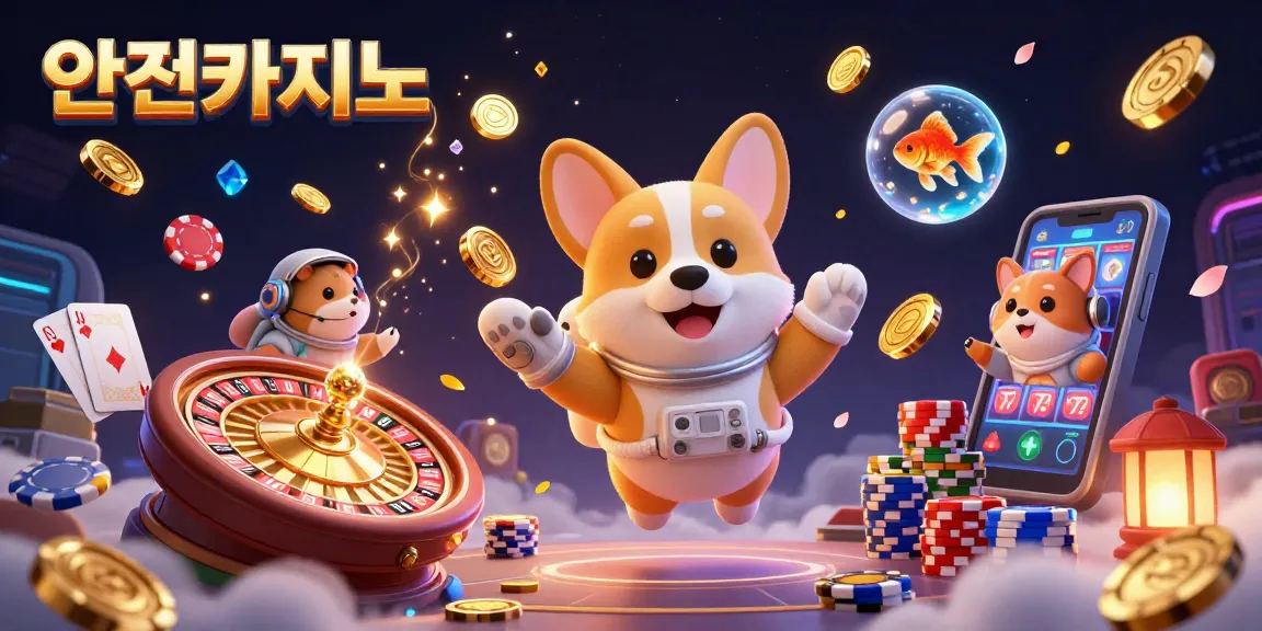 안전카지노에서 우주 정거장 카지노의 3D 일러스트, 우주 탐사견과 금붕어 캐릭터가 함께하는 신나는 경치
