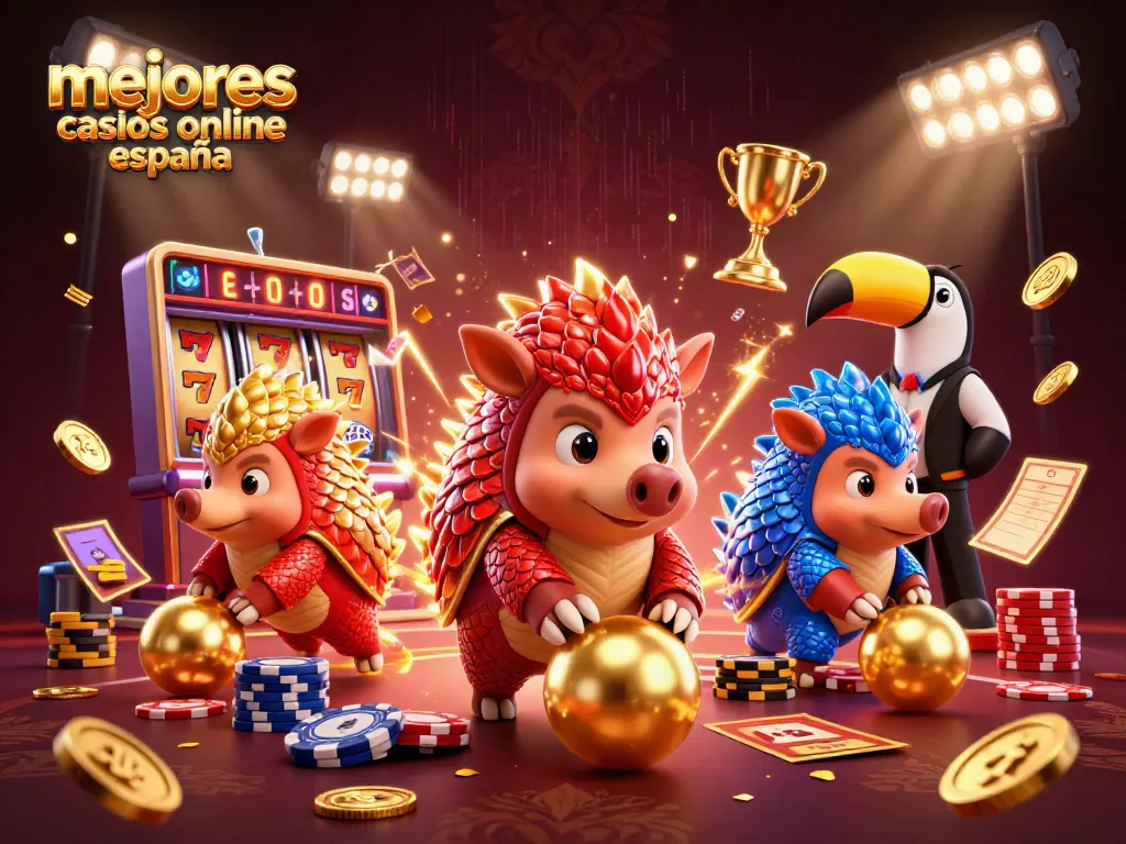 Juega en los mejores casinos online España con esta ilustración dinámica de pangolines y elementos de casino.
