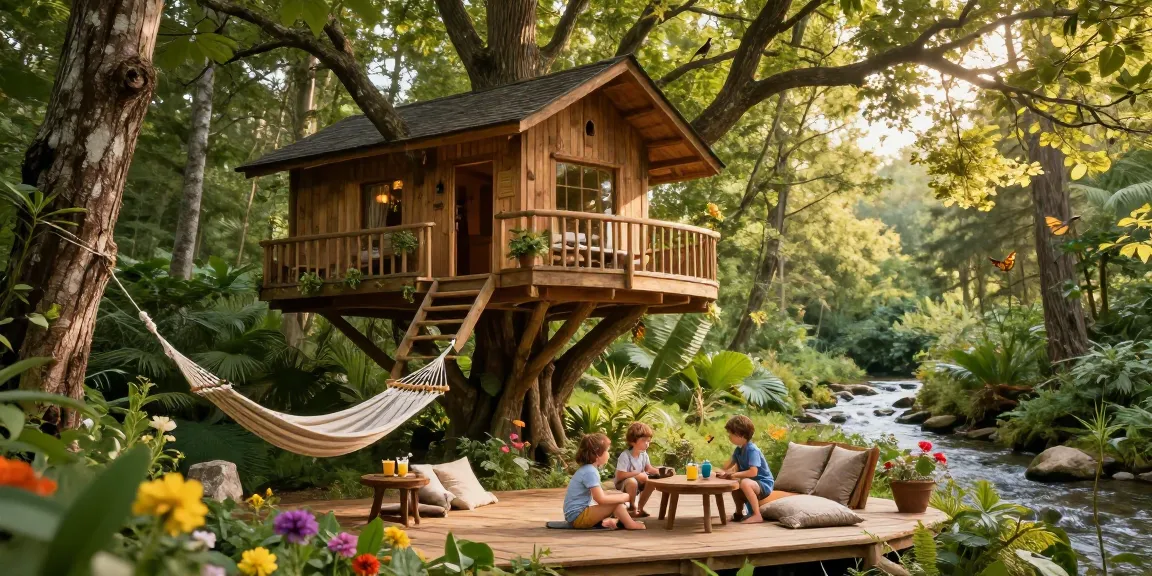 A family enjoying tree house life in a luxury tree house surrounded by nature, complete with games and a gentle stream in the background.
