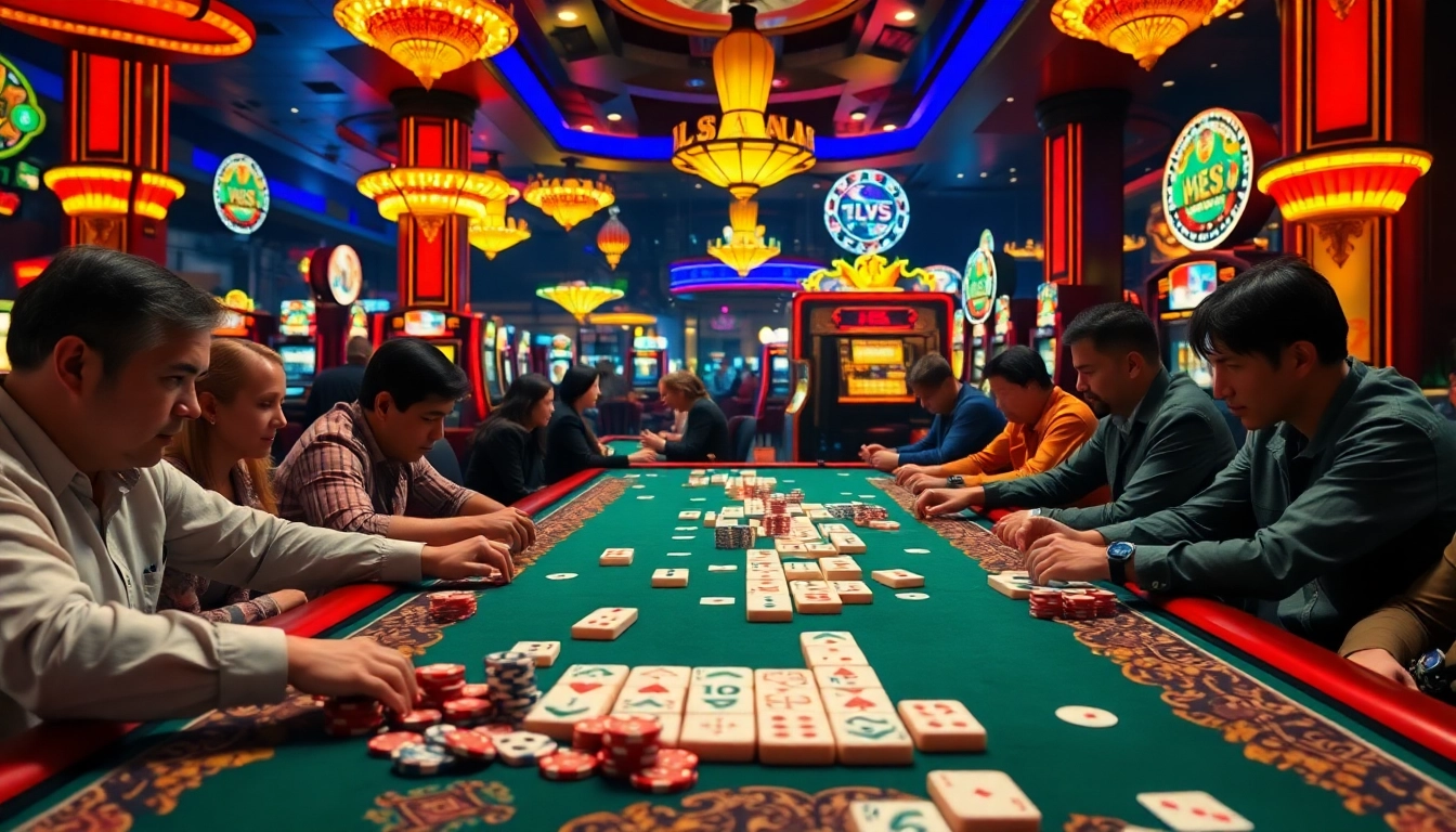 Players engaging in the exciting Mahjong Link game at a casino table, showcasing competitive gambling with Mahjong tiles and chips in vibrant settings.