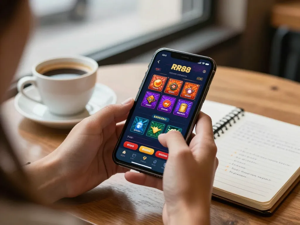 Engaging with the RR88 App for seamless mobile gaming in a cozy café.