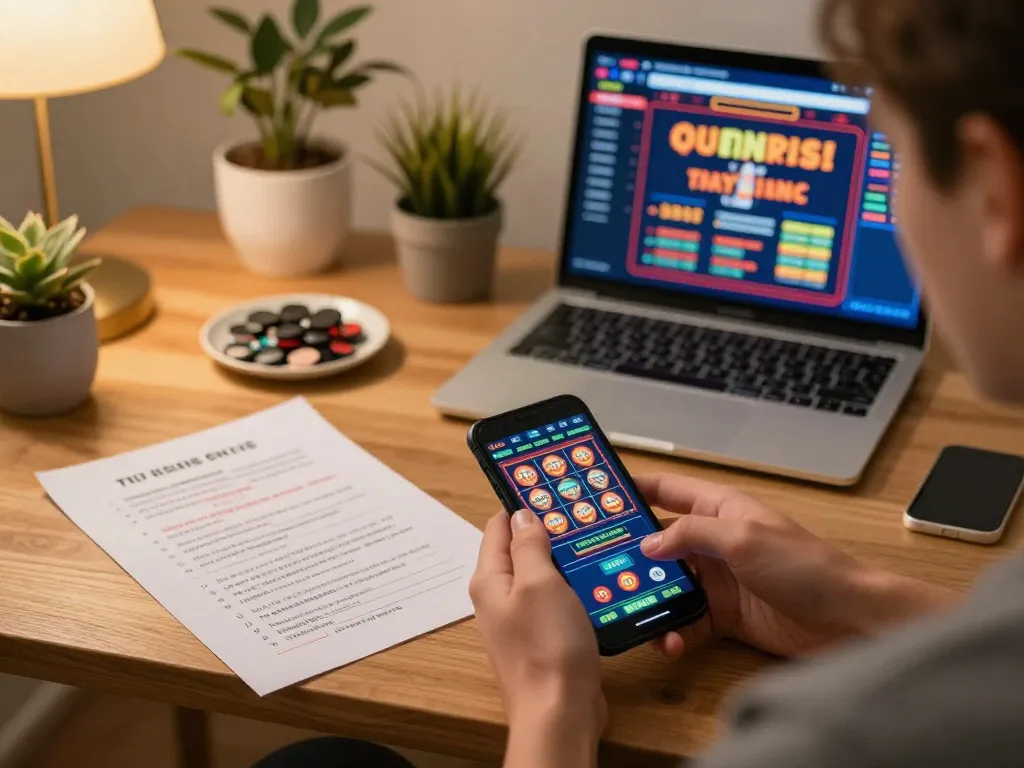 Engaging in slot bet 200 at home, a player uses a smartphone and laptop to strategize gameplay.