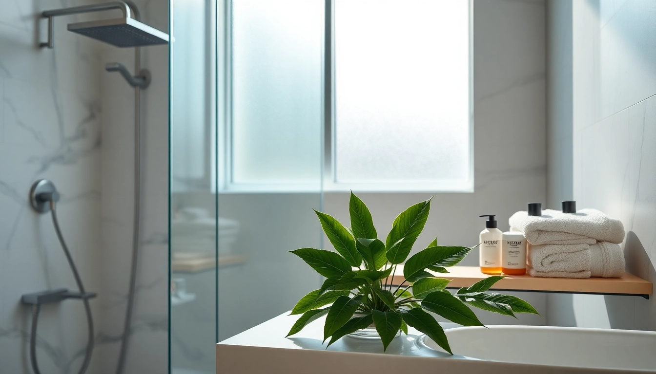 Experience elegant showers Australia with a luxurious setup featuring modern fixtures and vibrant greenery.