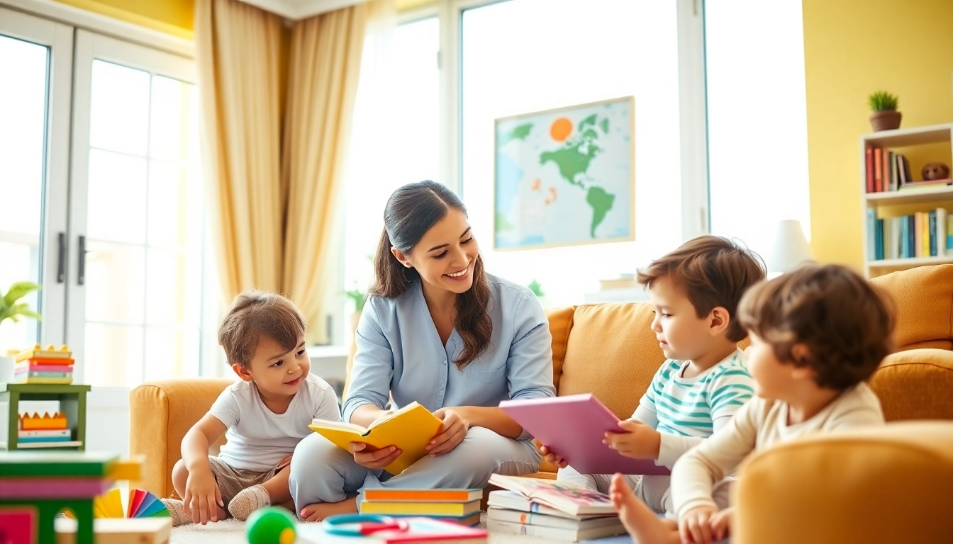 Nanny Dubai caring for children in a lively living room filled with toys and sunlight.