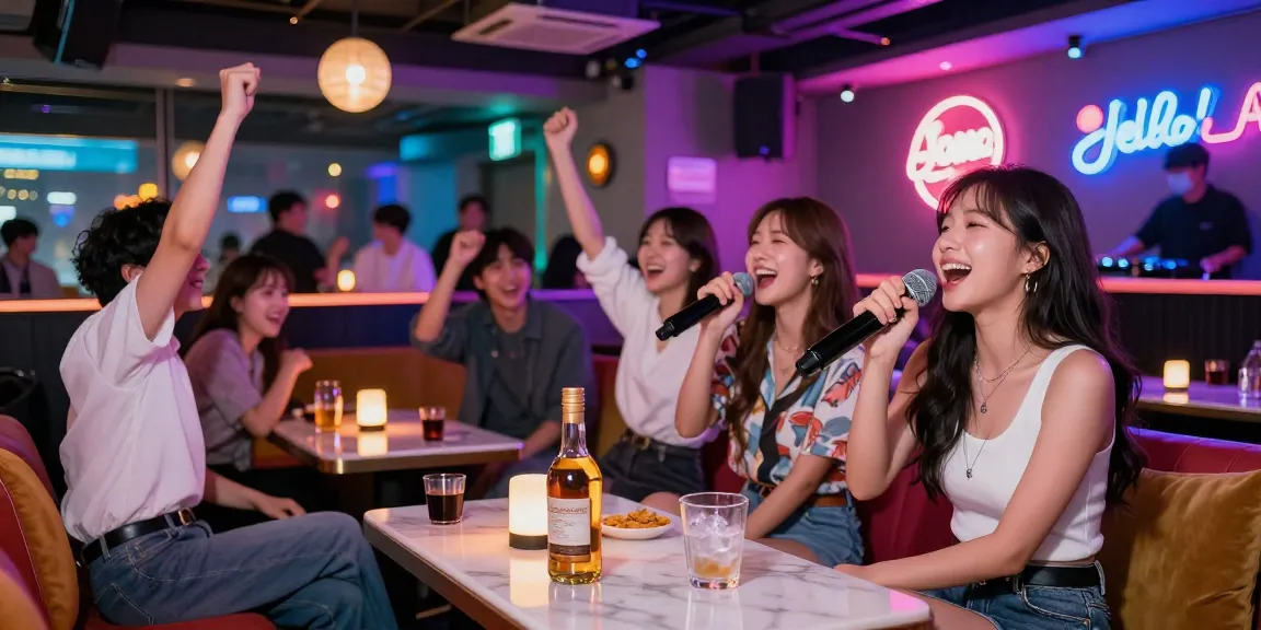 A lively karaoke night at https://www.magic4karaoke.com/ in Jeju Island, showcasing friends enjoying the vibrant nightlife with colorful lights and whiskey.