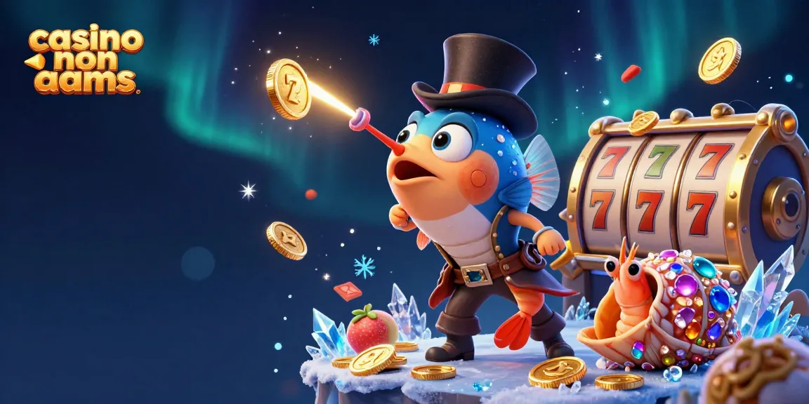 Vinci con il casinò non AAMS, un'illustrazione vivace con simboli di slot e pesci cartoon.