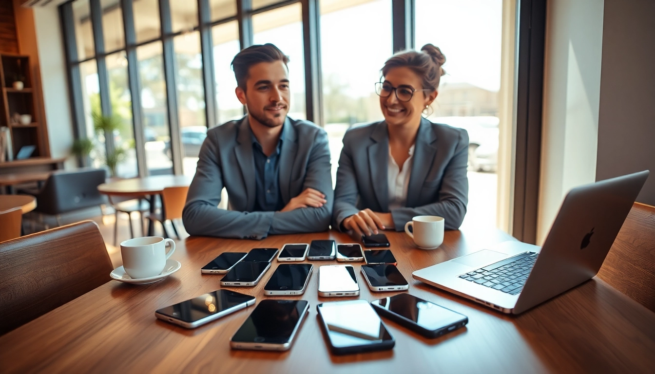 Engaging couple discussing cash for phones Maumelle AR transaction in a cozy café.