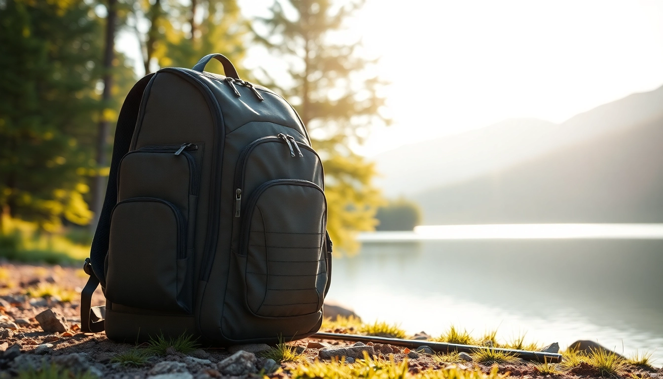 Man showcasing a durable fly fishing backpack while preparing for an outdoor adventure.