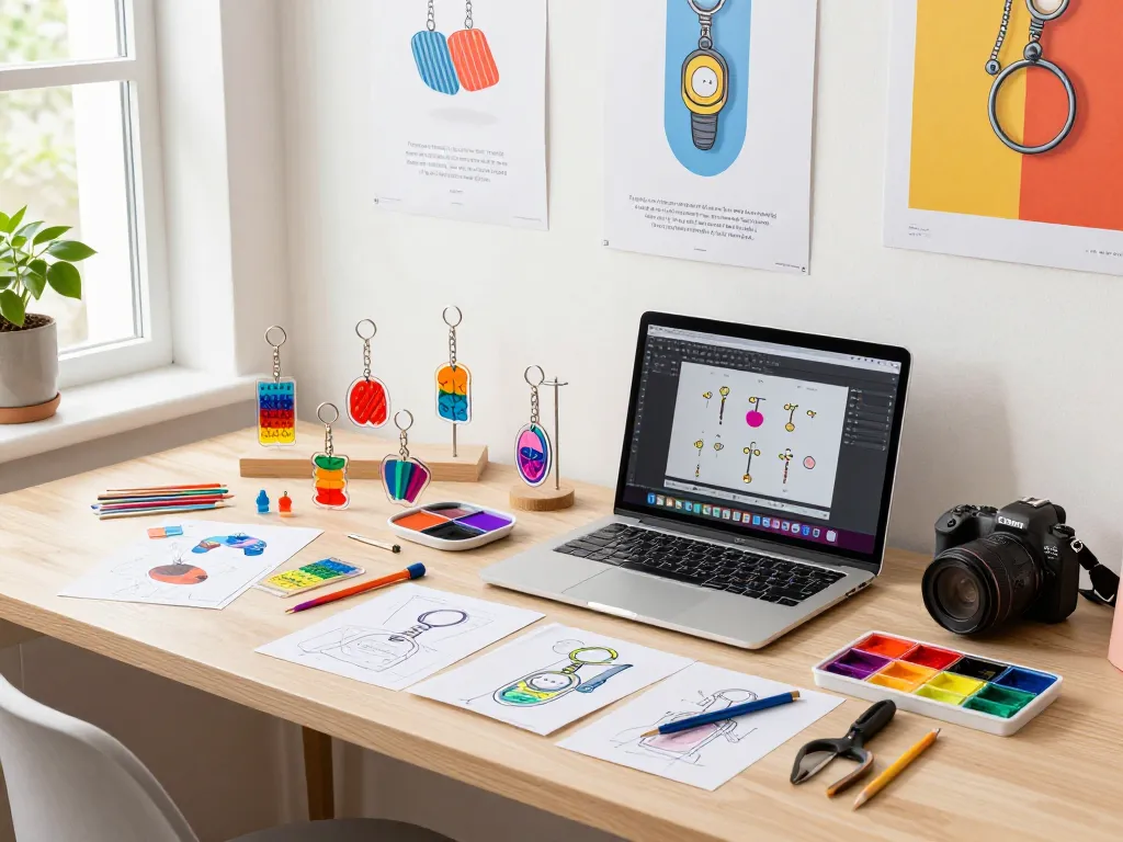 Custom acrylic keychain maker's creative workspace filled with colorful designs and tools for crafting unique keychains.