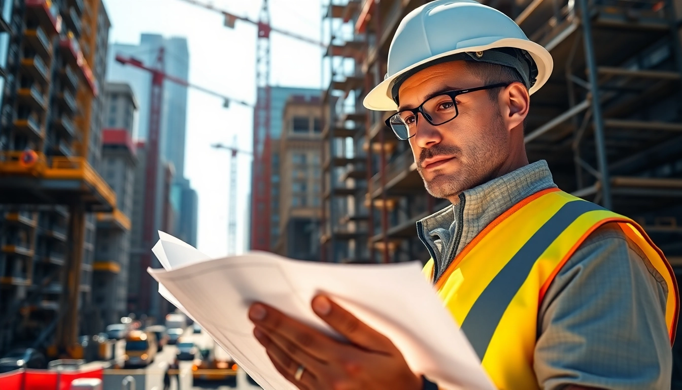 Manhattan Construction Manager reviewing blueprints on a lively construction site in Manhattan.