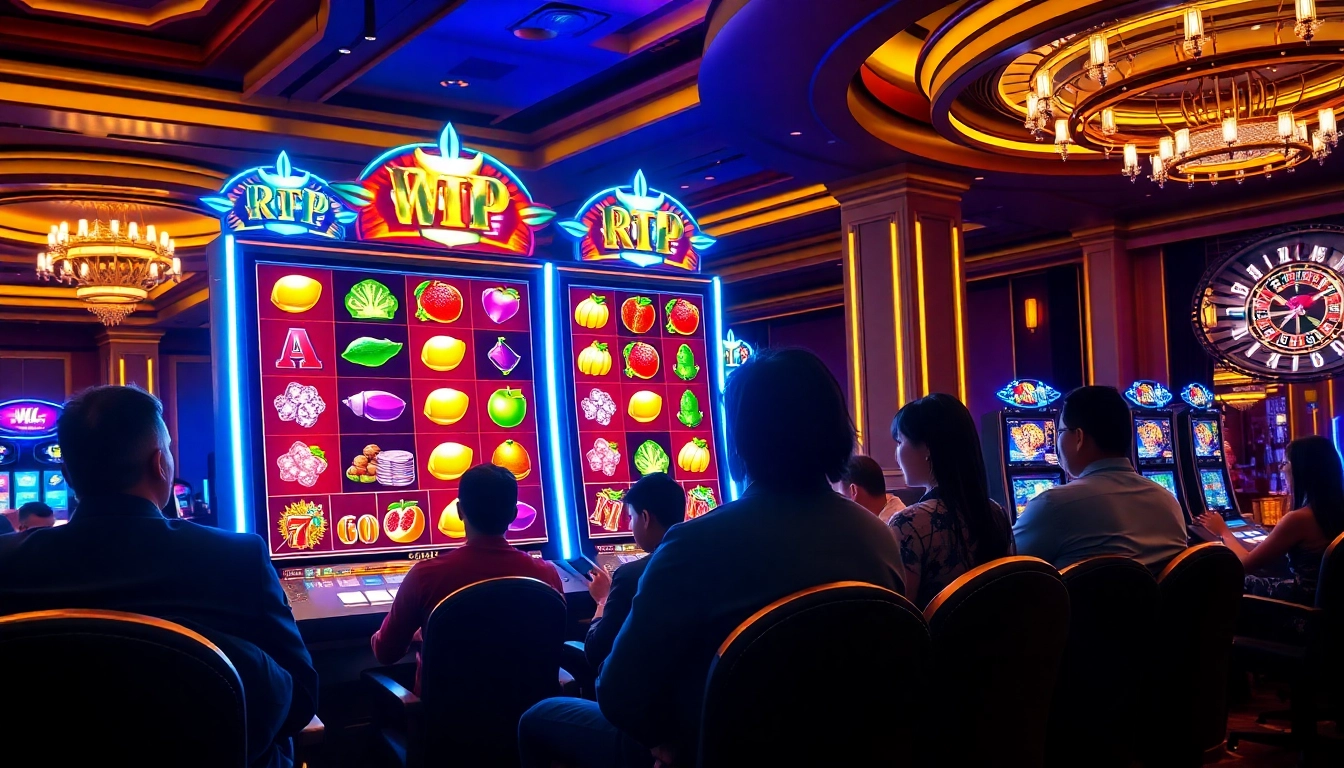 Engaging players enjoying RTP Pragmatic Play slot games in a vibrant luxury casino.