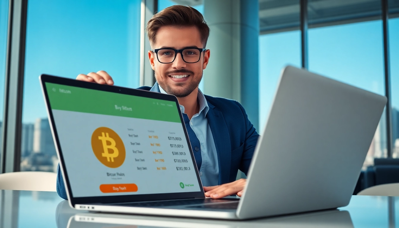 Acheter bitcoin dans un bureau moderne avec un écran de transaction numérique.