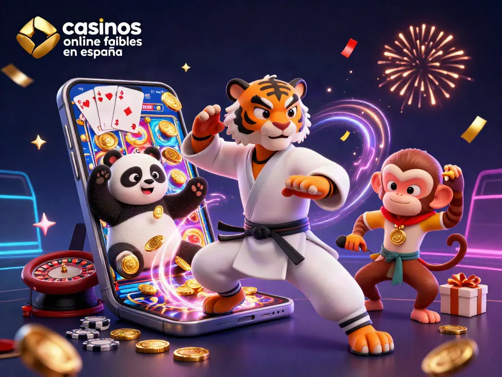 Juega en los casinos online fiables en España, donde un tigre maestro y un panda simulan poses de kung fu en un ambiente de casino vibrante.