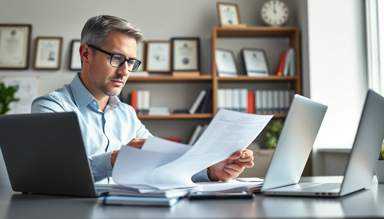 Reviewing grants and pre-post award compliance documents in a professional office setting.
