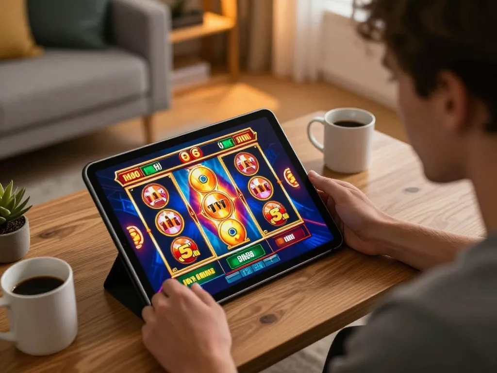 Player celebrating a win with the slot bonus new member 100 while enjoying online gaming on a tablet.