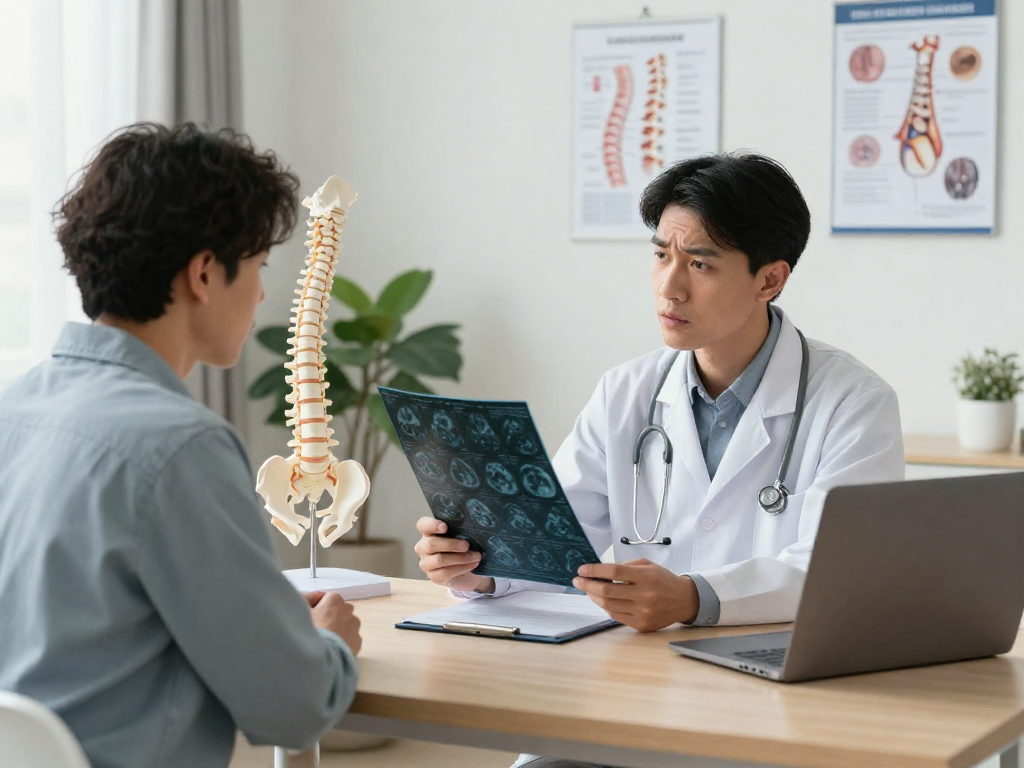 Boyun fıtığı ameliyatı consultation scene highlighting patient and doctor discussing treatment.