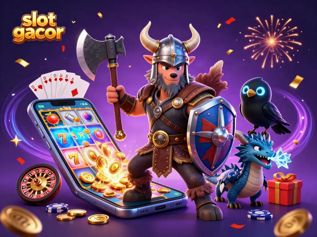 Engage with slot gacor action featuring a Viking wolf warrior, ice-breathing dragon, and casino elements.