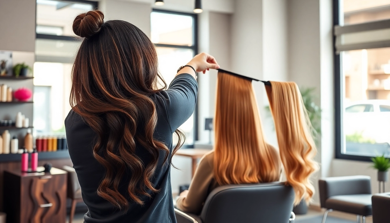 Sew in weft hair extensions applied by a professional stylist in a modern salon setting.