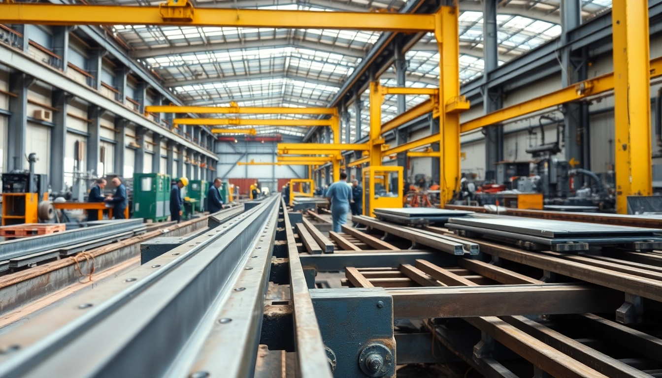Engaged workers in a steel fabrication shop operating machinery with precision and craftsmanship.