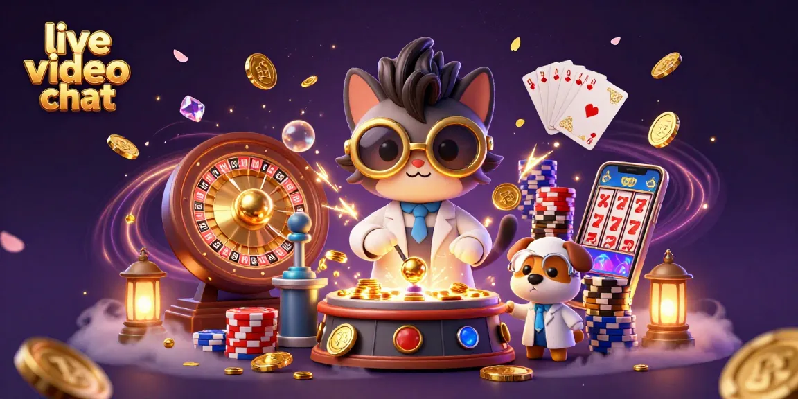 Engage in live video chat with exciting characters in a vibrant casino-themed illustration.