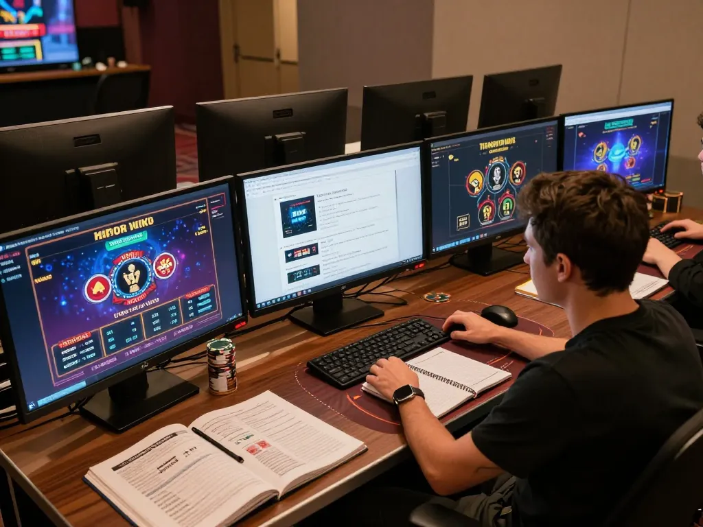 Engaging with the hidden wiki dark web for online gambling strategies at a modern desk setup.