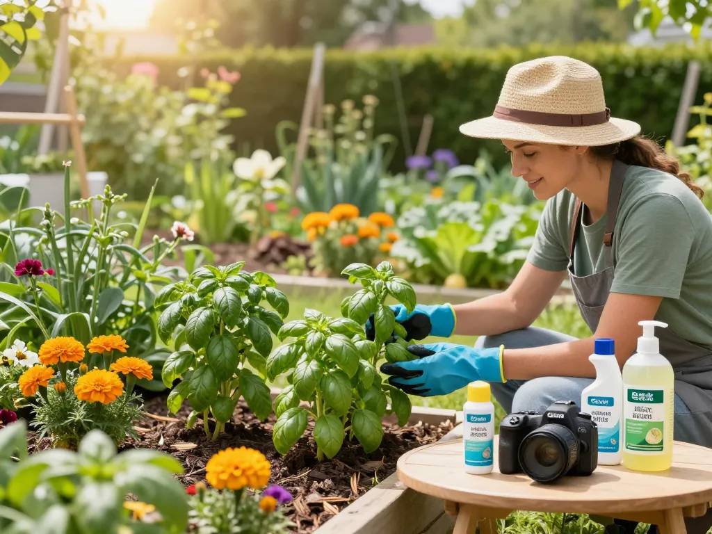 Pest prevention in a home garden with organic herbs and vibrant plants.