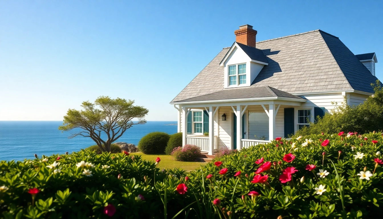 Bright cape cod home surrounded by lush greenery and ocean views, embodying coastal elegance.