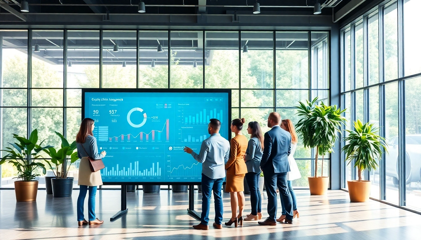 Engaging professionals collaborating on AI supply chain management dashboard in an office environment.
