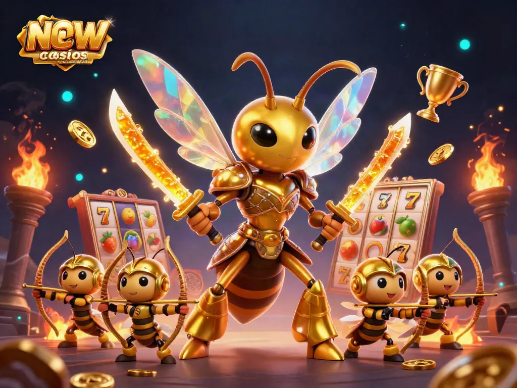 Engage with exciting new casinos that accept credit cards featuring a golden hornet in samurai armor, dynamic slots, and gaming elements.