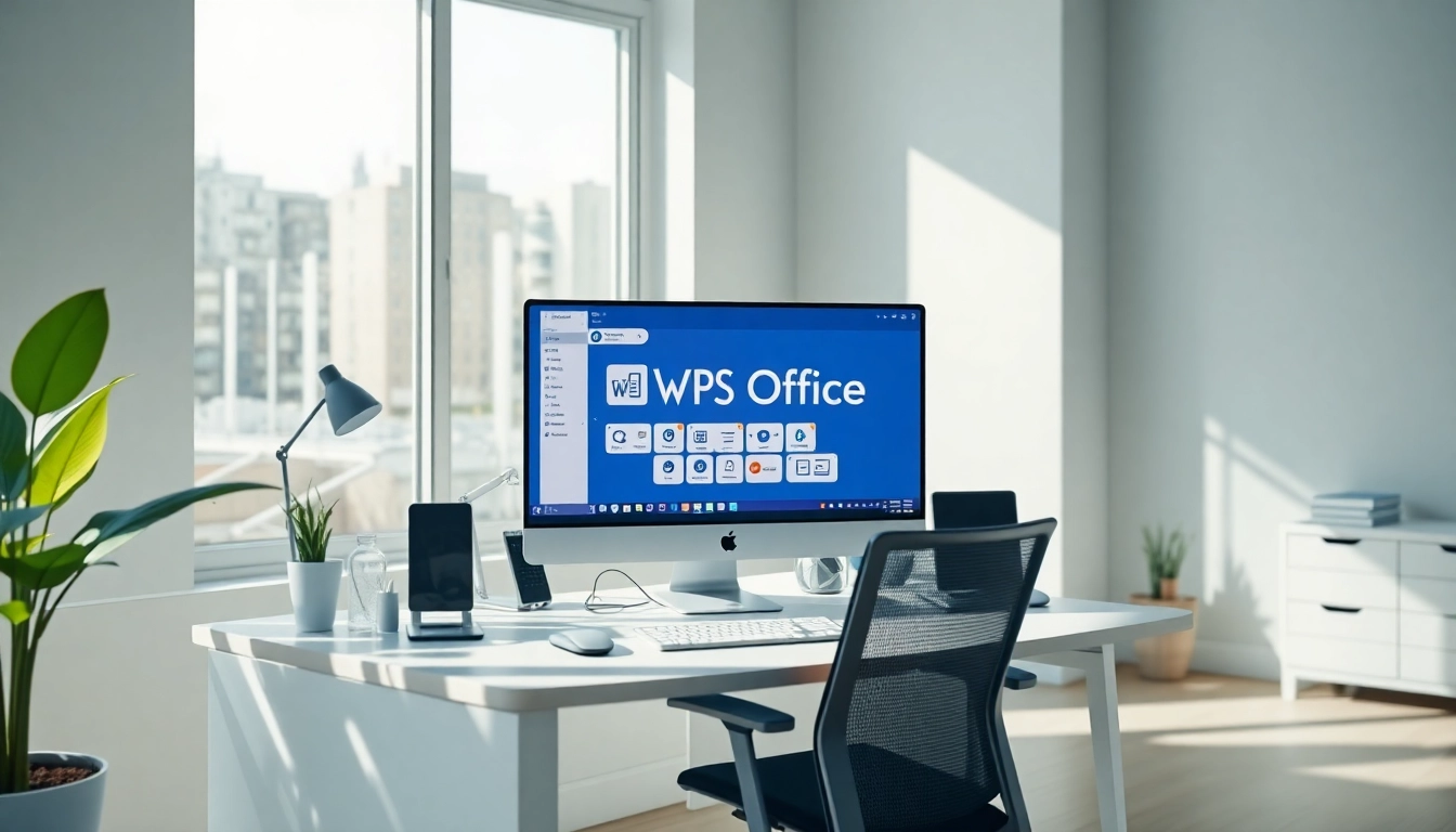 Modern office workspace showcasing WPS下载 software on a sleek computer setup.