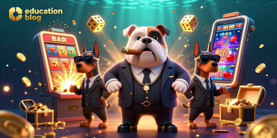 Engaging education blog scene featuring a mafia boss bulldog with Doberman bodyguards amidst a slot machine jackpot.