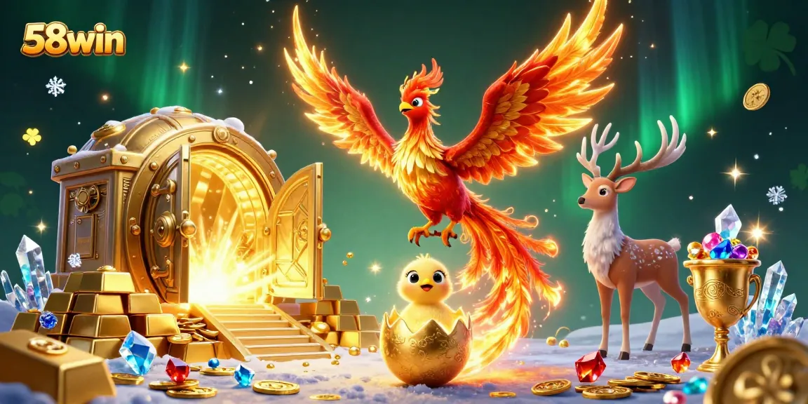Experience the thrill of winning with 58win's vibrant casino scene featuring stunning characters and treasures.