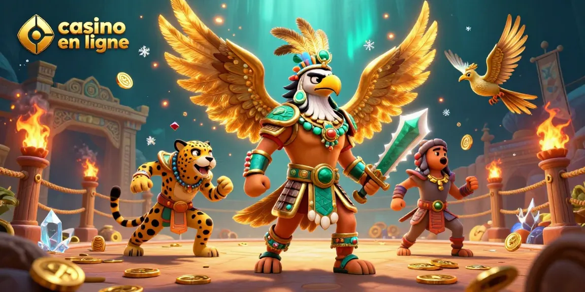 Casino en ligne avec des guerriers Azteques et des ornements dorés, ambiance dynamique.
