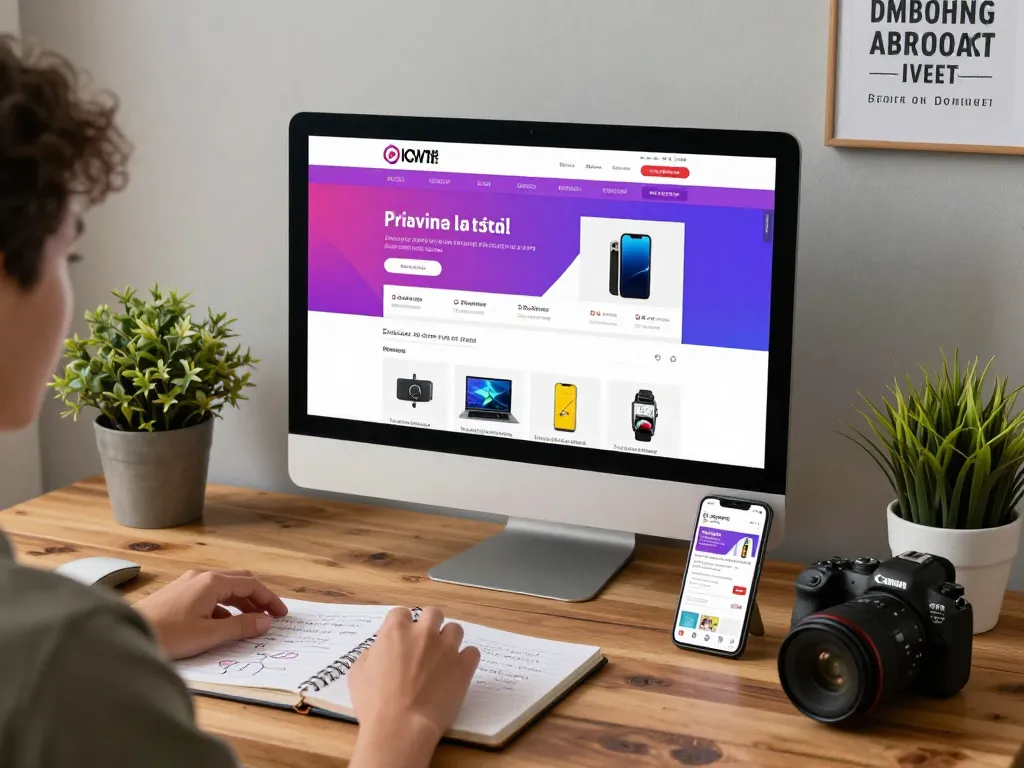 Buy Private Label Rights Products on a vibrant e-commerce website, showcasing a user actively engaging with digital products, cozy workspace.