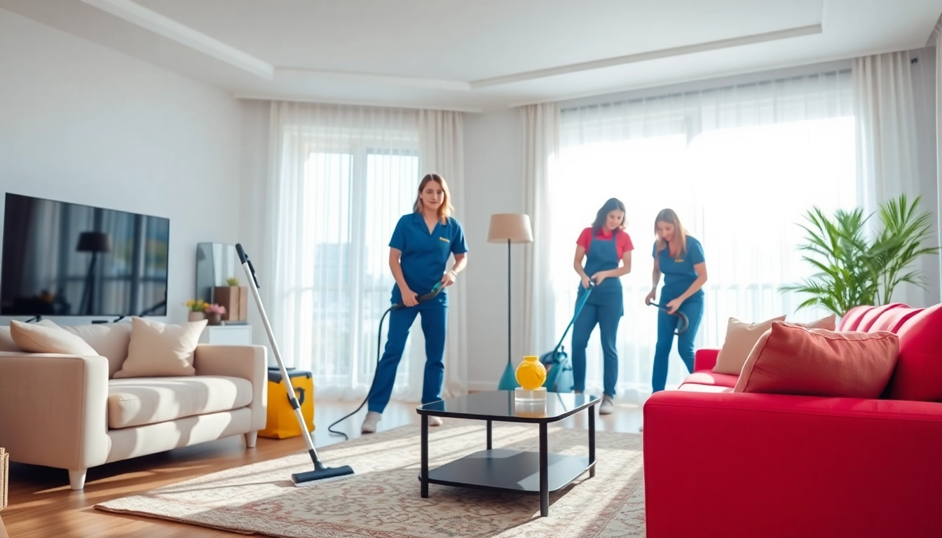 Offering cleaning services near me with a dedicated team in a bright, inviting living room.