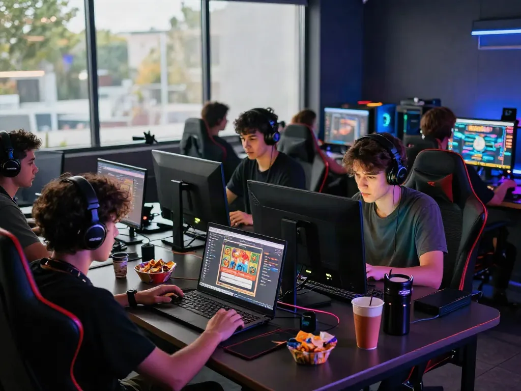 Engaged gamers using rokok88 slot login on laptops in modern workspace.