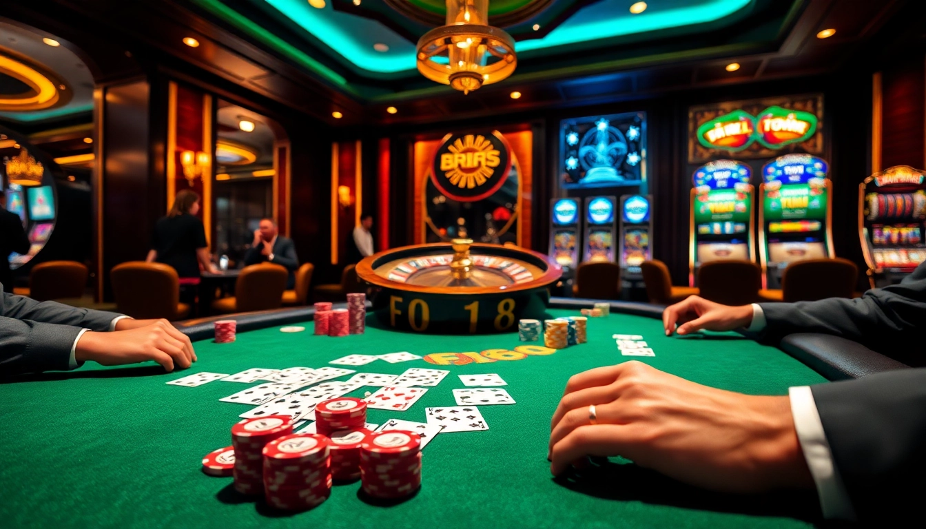High-stakes poker table showcasing the แบรนด์ F168 atmosphere with vibrant poker chips and cards.
