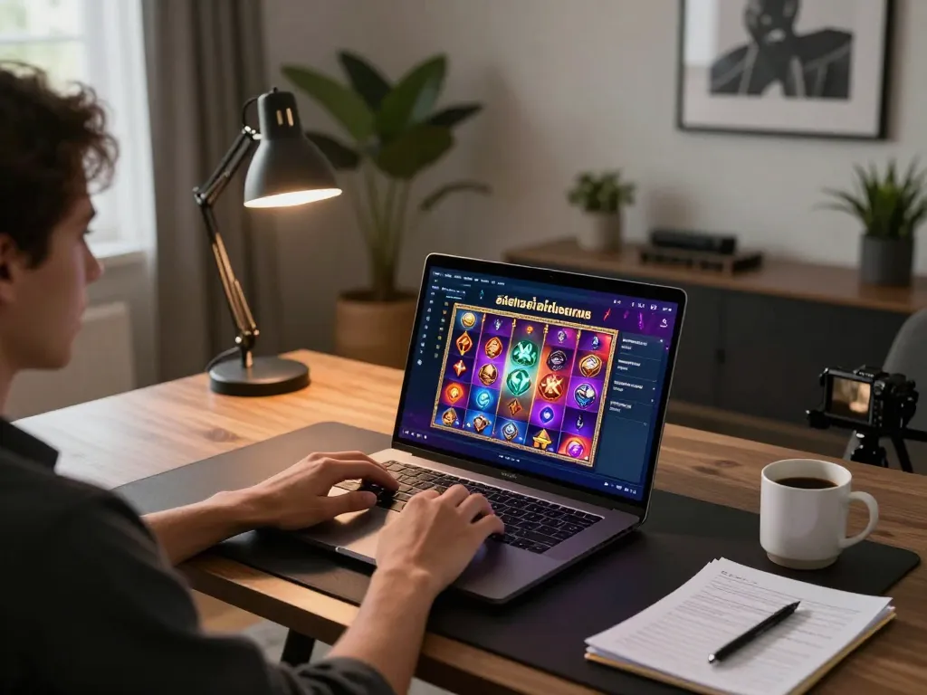 Engaging สล็อตทดลอง gameplay on a laptop in a modern home office setting.