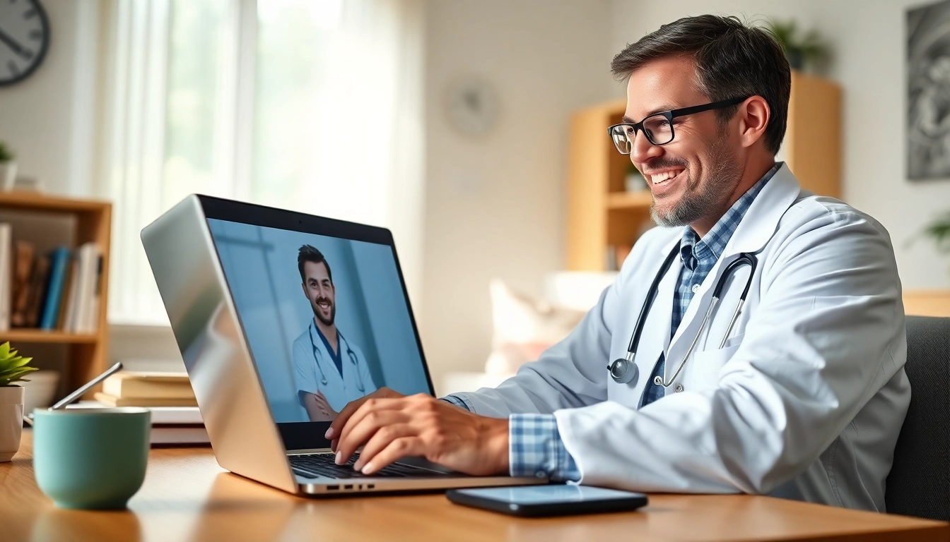 Engaging in a chat with a doctor online now from a cozy home office with a reassuring atmosphere.