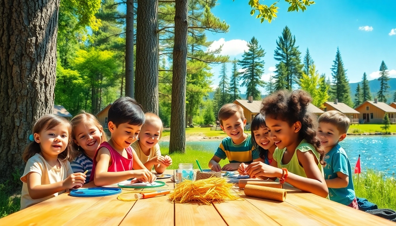 Children creating crafts at a dynamic summer youth camp in a lush forest setting.