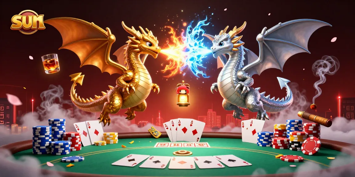 Engage in thrilling gameplay with the sun-inspired dynamic scene of intertwined dragons amidst poker elements.