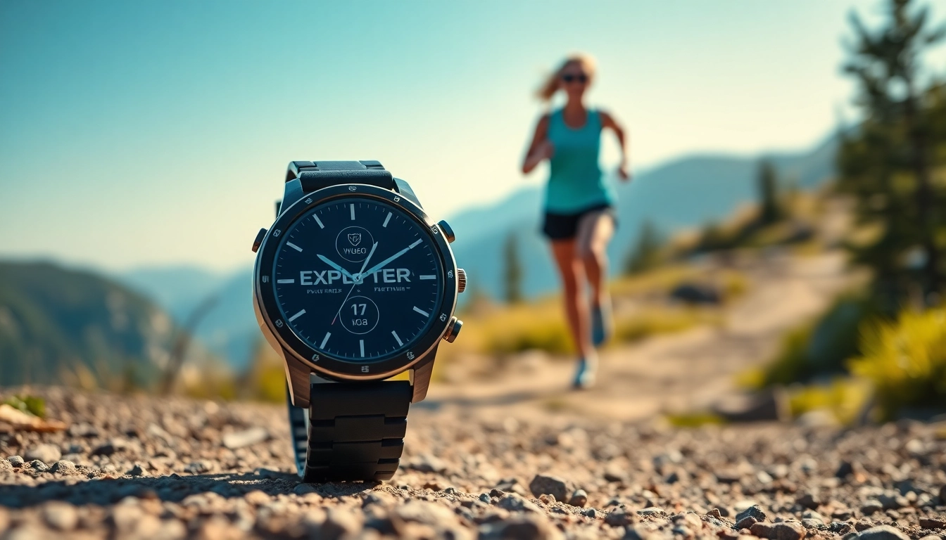 Active person wearing the Explorer Plus GPS Smart Watch on a scenic trail.
