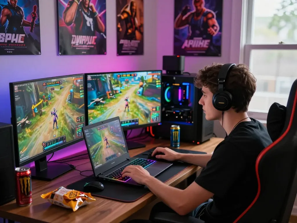 Engaging scene of a gamer immersed in a real porn game, showcasing dynamic gaming setup with vibrant visuals.