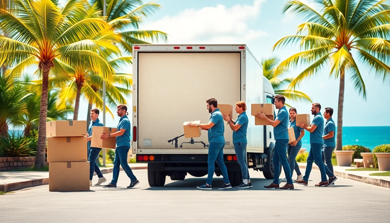 Efficient moving company vinice fl team unloading boxes in a sunny coastal area.