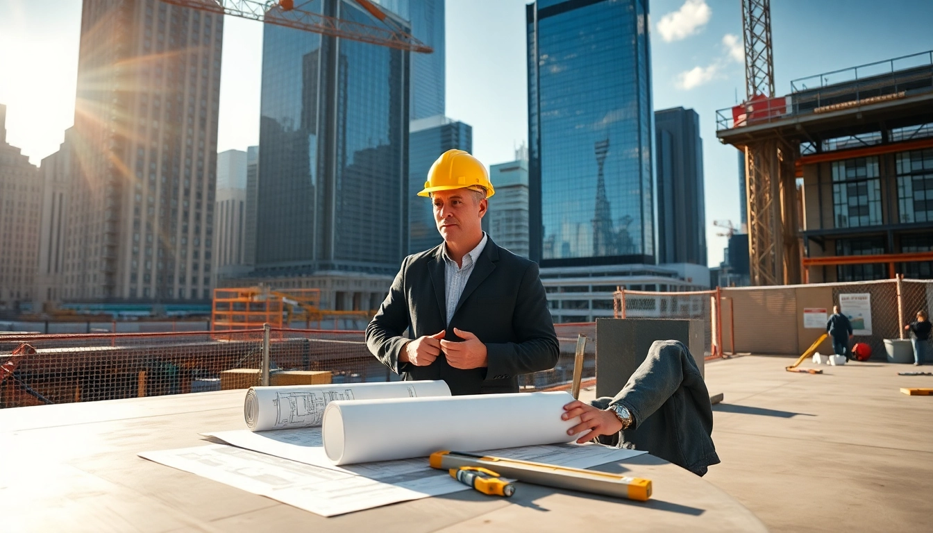 New York Construction Manager supervising a busy construction site in New York City, showcasing teamwork.