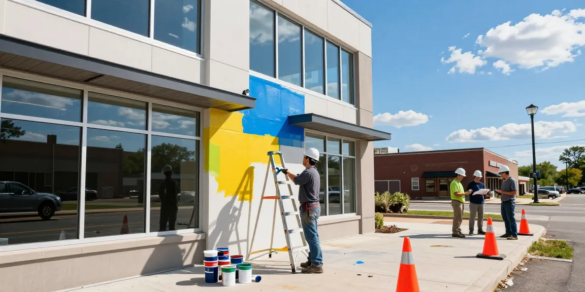 Commercial painters Franklin County OH revitalizing an office exterior with vibrant paint.