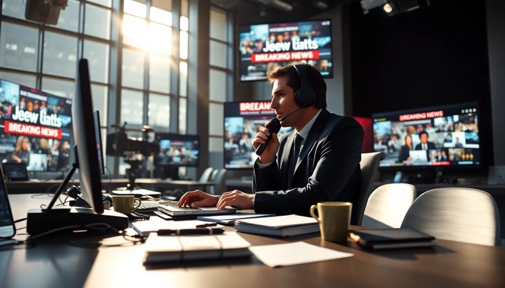 Capture of a journalist in a bustling newsroom, focusing on current events as noted by diknews.co.uk.
