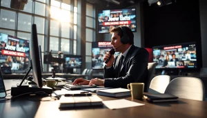 Capture of a journalist in a bustling newsroom, focusing on current events as noted by diknews.co.uk.