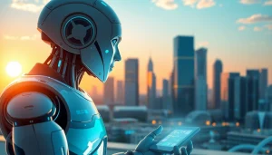 Showcasing technology with a humanoid robot and futuristic architecture against a vibrant sunset.